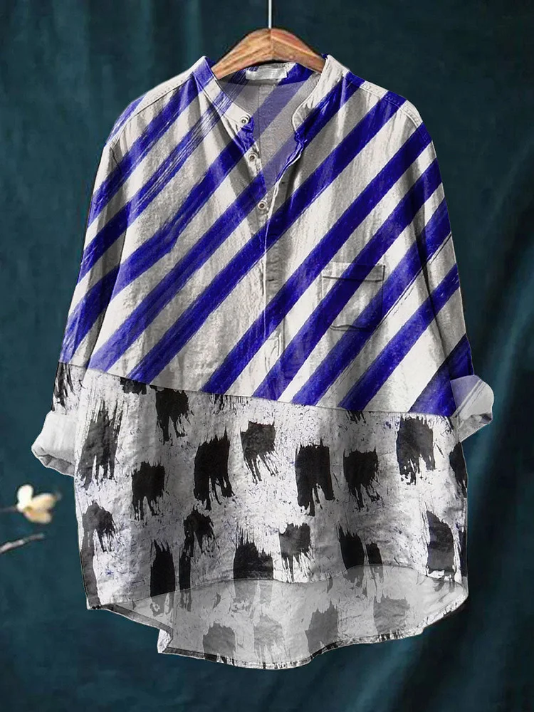 Women's Stripe Black Dot Art Print Casual Long Sleeve Comfortable Cotton Shirt