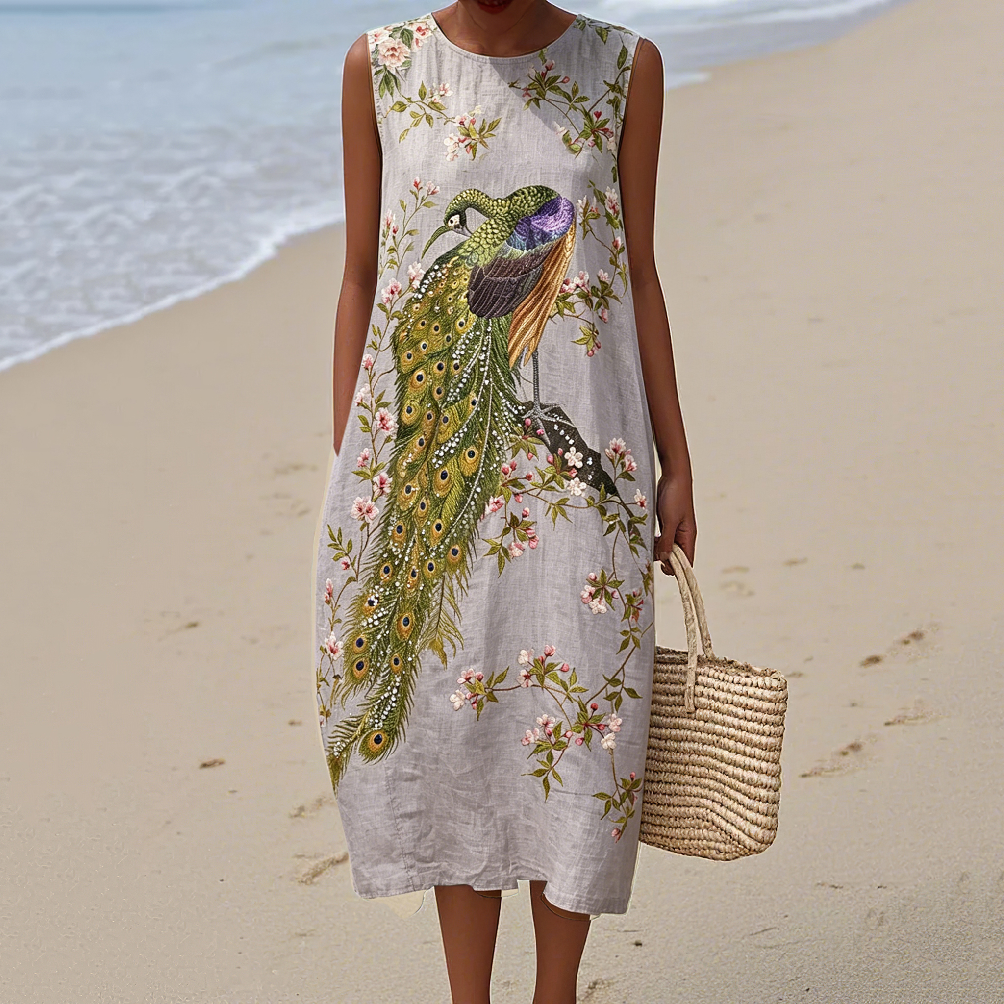 Women's Japanese Peacock Flower Art Round Neck Sleeveless Linen Blend Midi Dress elevenforest