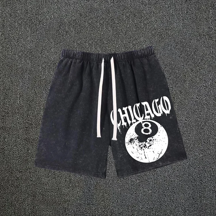 Chicago 8 Ball Print Drawstring Acid Washed Shorts