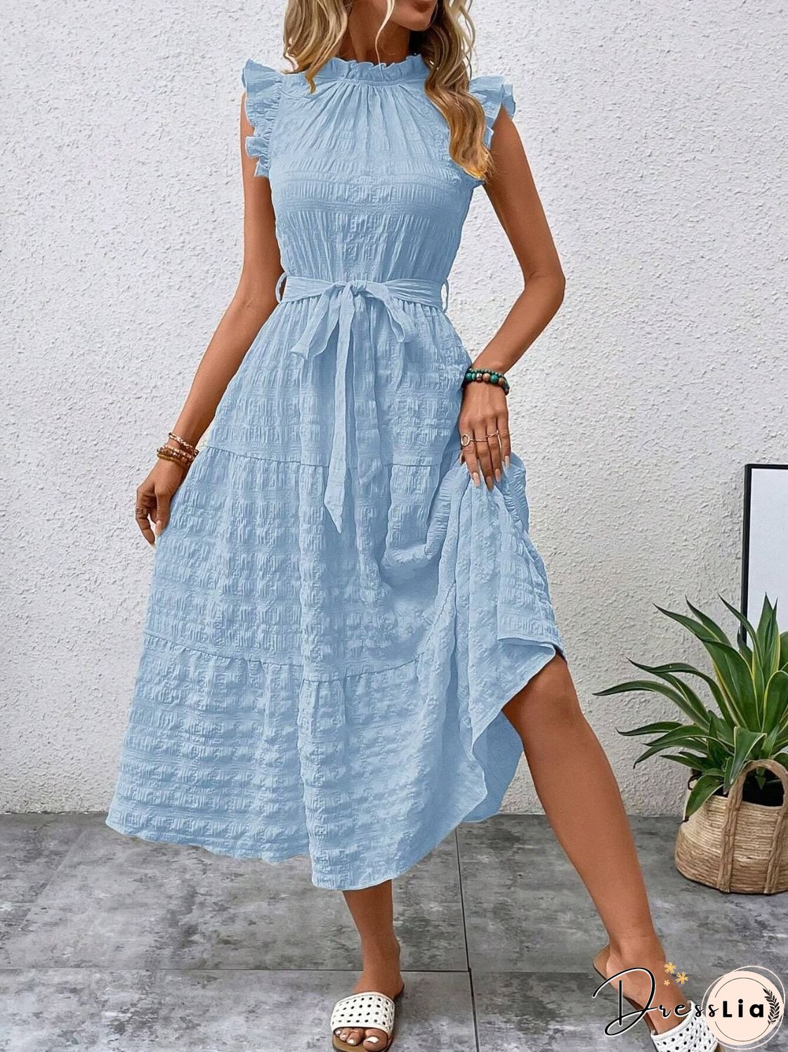 Tied Ruffled Cap Sleeve Midi Dress
