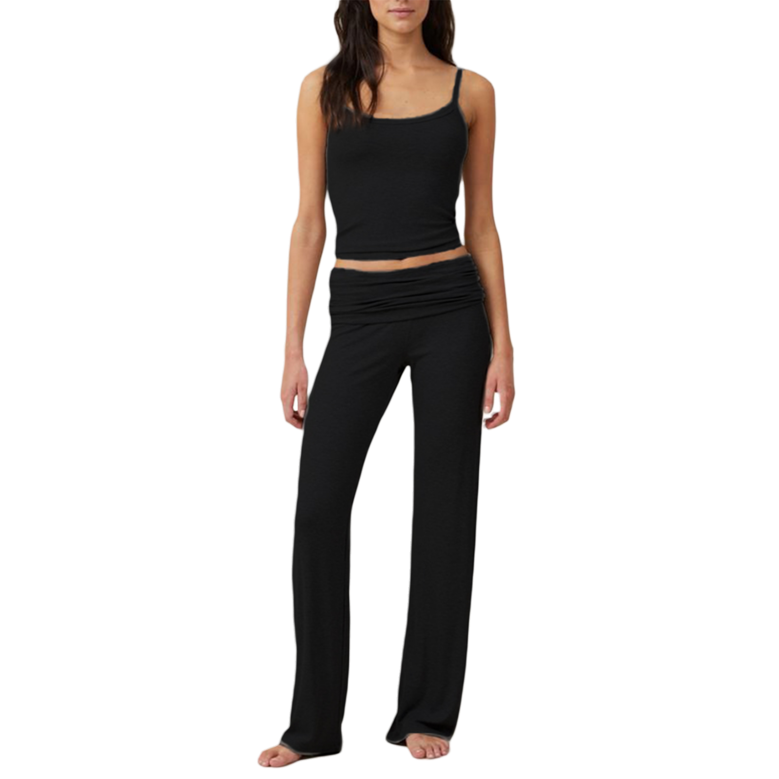 Maniros Women's Summer Outfits, Slim Scoop Neck Sleeveless Backless Cami Tops + Fold Over Long Pants 2 Piece Set