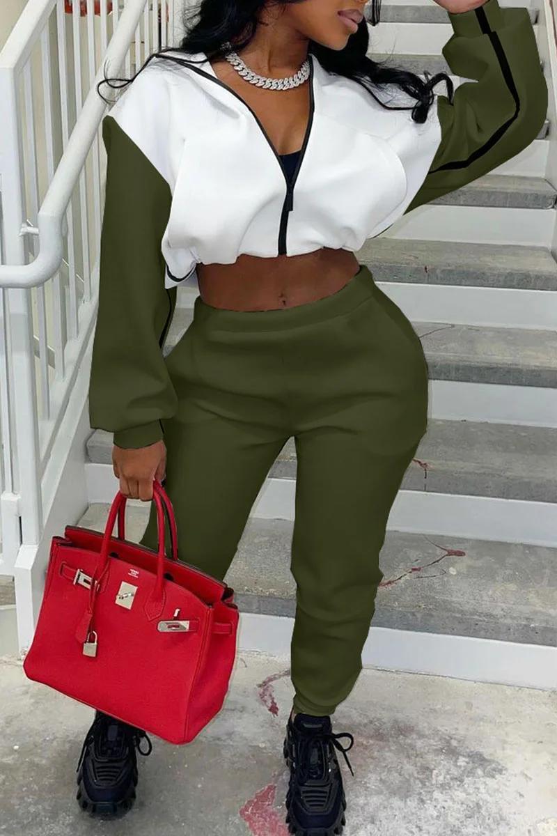 Ink Green Casual Solid Patchwork Hooded Collar Long Sleeve Two Pieces | EGEMISS