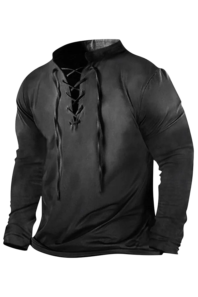 BrosWear Men's Stand Up Collar Tied Casual Pullover Long Sleeve  Shirt