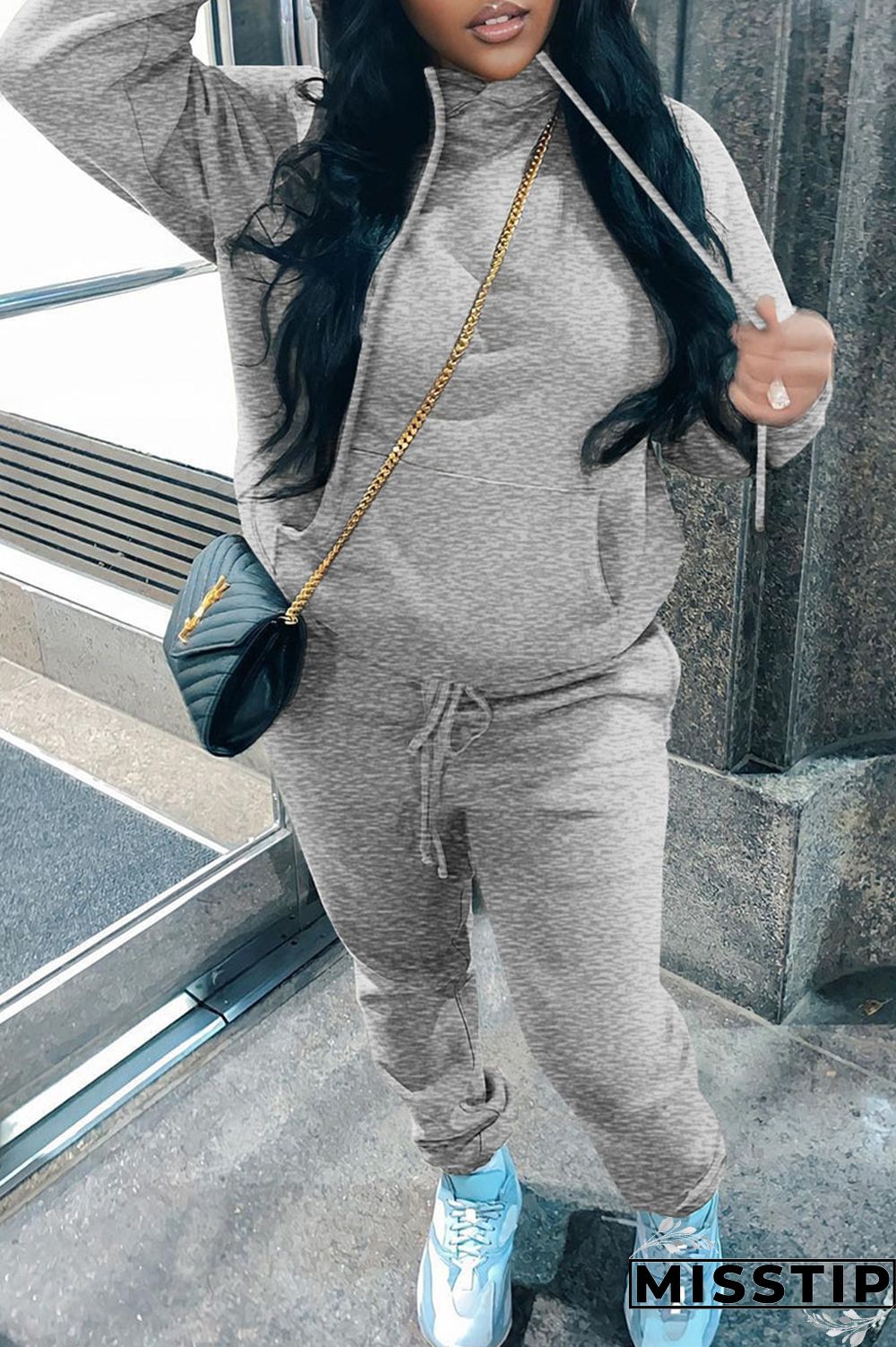 Blue Casual Solid Patchwork Hooded Collar Long Sleeve Two Pieces