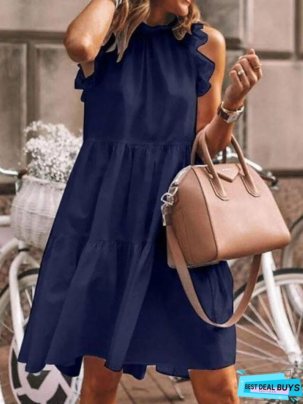 Women's A Line Dress Knee Length Dress White Black Green Dusty Blue Gray Sleeveless Solid Color Ruched Ruffle Patchwork Spring Summer Round Neck Elegant Casual White Dresses