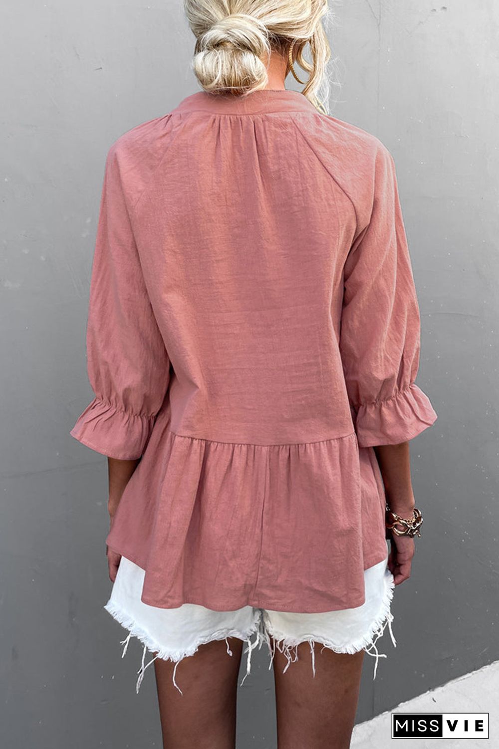 Casual Solid Flounce Fold V Neck Tops(5 Colors)