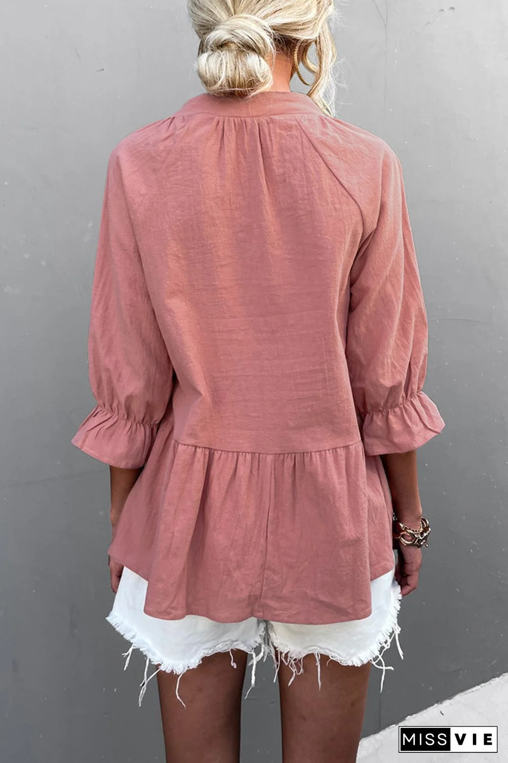 Casual Solid Flounce Fold V Neck Tops(5 Colors)