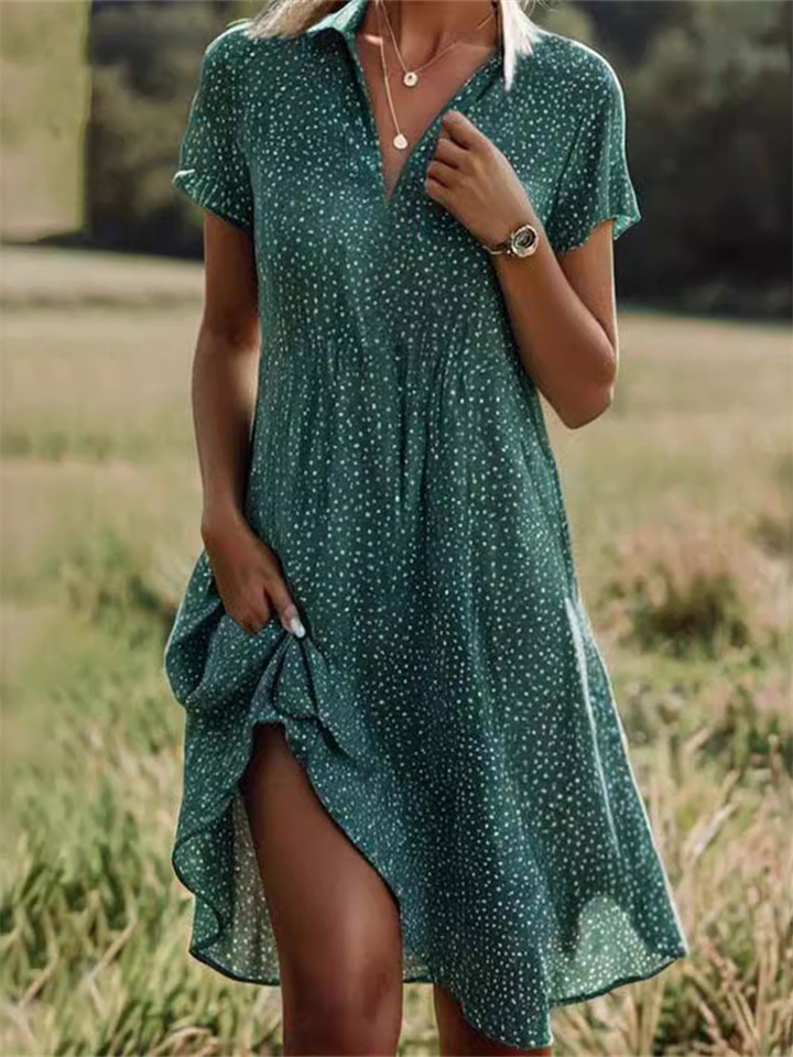 New Women's Summer Long Dress Casual Loose V-neck Short-sleeved Printed Polka Dot Shirt Dresses