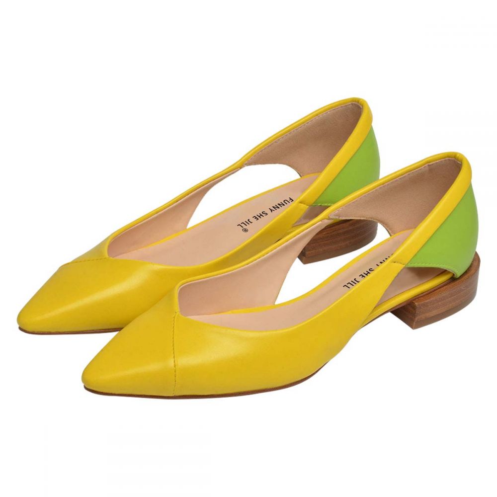 Stylish Yellow and Green Almond Toe Cut Out Flat Shoes Women Nicepairs