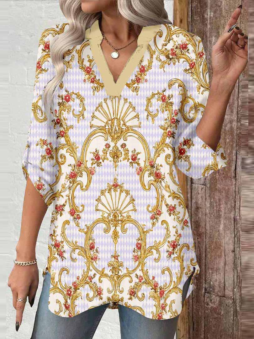 Women Abstract, Gold, Light Purple DZGA0133 3/4 Sleeve V-neck Printed Graphic Button Tops