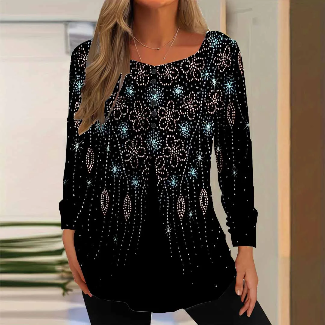 Women Graphic,Black DZGG8335 Long Sleeve Scoop Neck Printed Graphic Button Fake 2in1 Tops