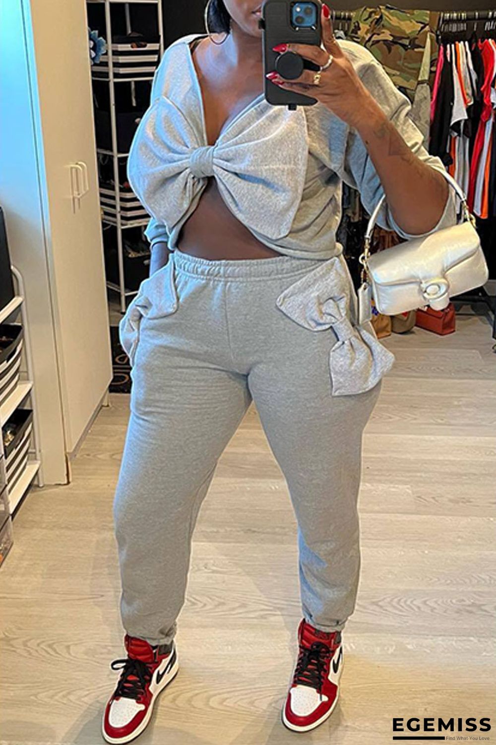 Light Gray Casual Solid Patchwork With Bow V Neck Long Sleeve Two Pieces | EGEMISS