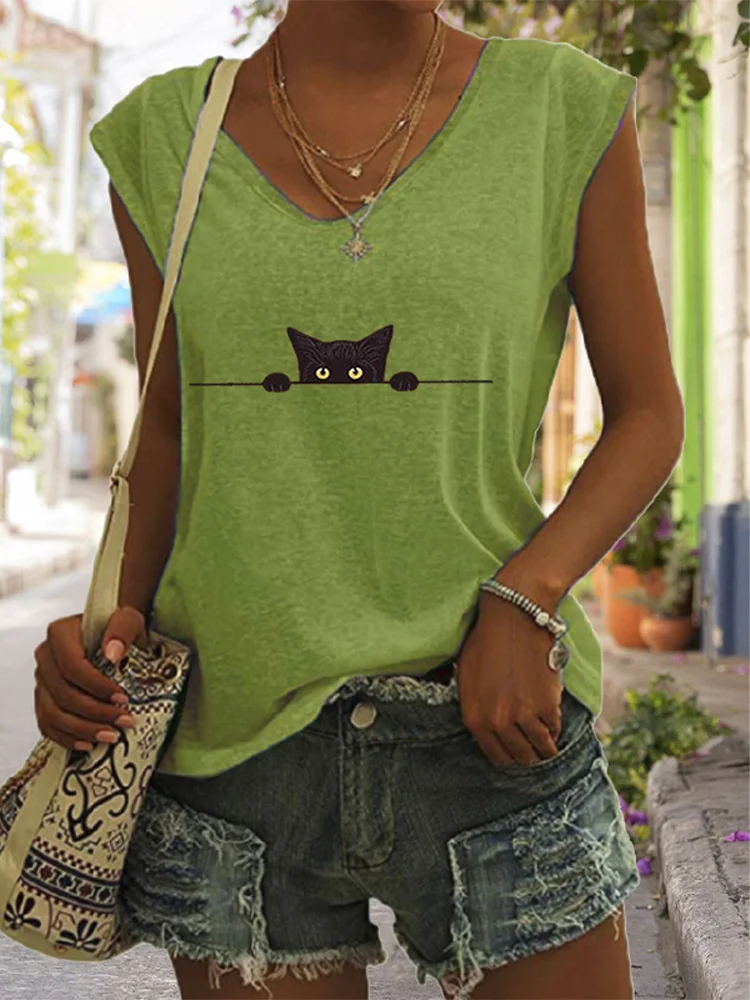 VChics Women's Casual Black Cat Print Vest