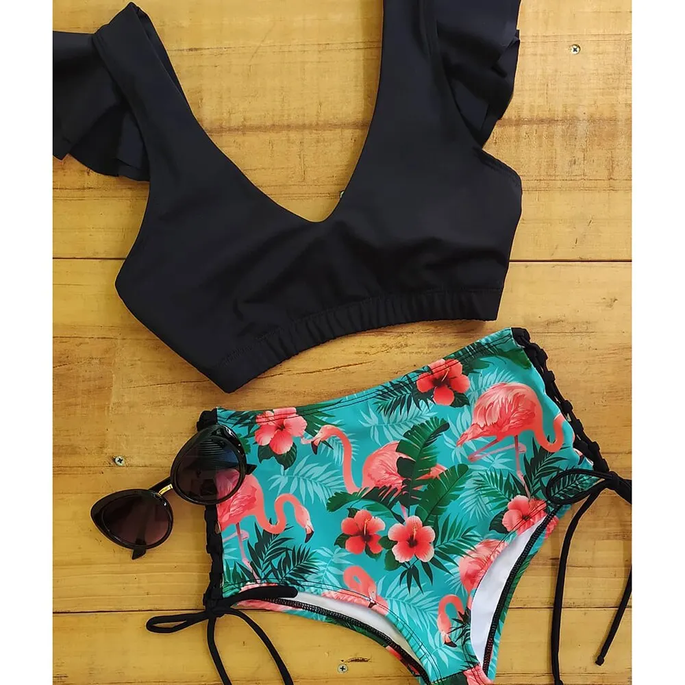 2021 New Sexy High Waist Bikini Set Two Pieces Swimwear Women Print Ruffle Bandage Swimsuit Bathing Suit Beachwear biquini