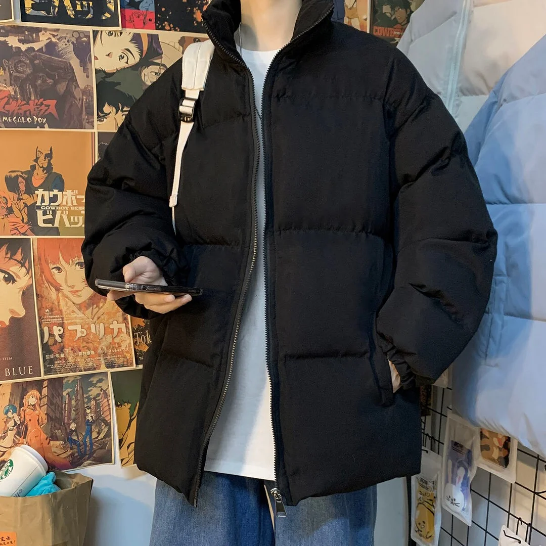 Privathinker Stand Collar Warm Winter Men's Parkas 2021 Solid Color Men Harajuku Zipper Jacket Coats Korean Man Casual Parka