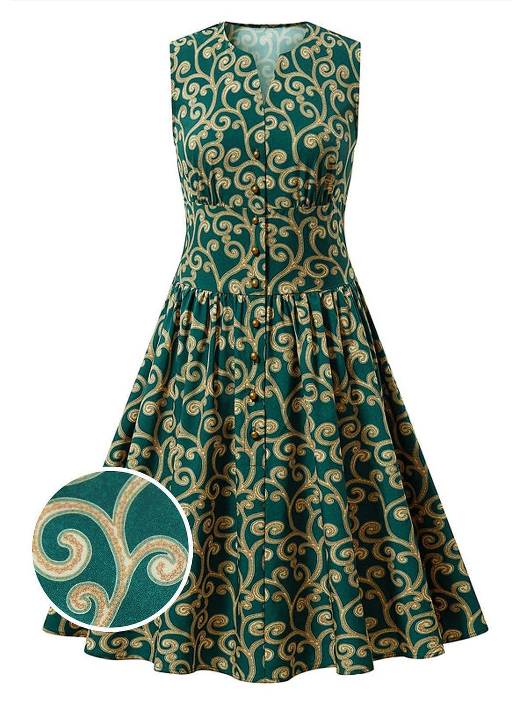 Green 1950s Floral Botton Swing Dress