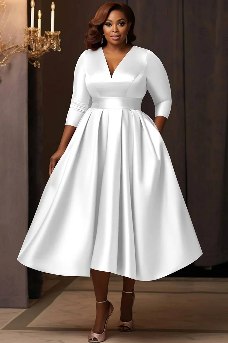 Xpluswear Design Plus Size Wedding Guest White V Neck 3/4 Sleeve Pocket Satin Midi Dresses 2024 - Xpluswear