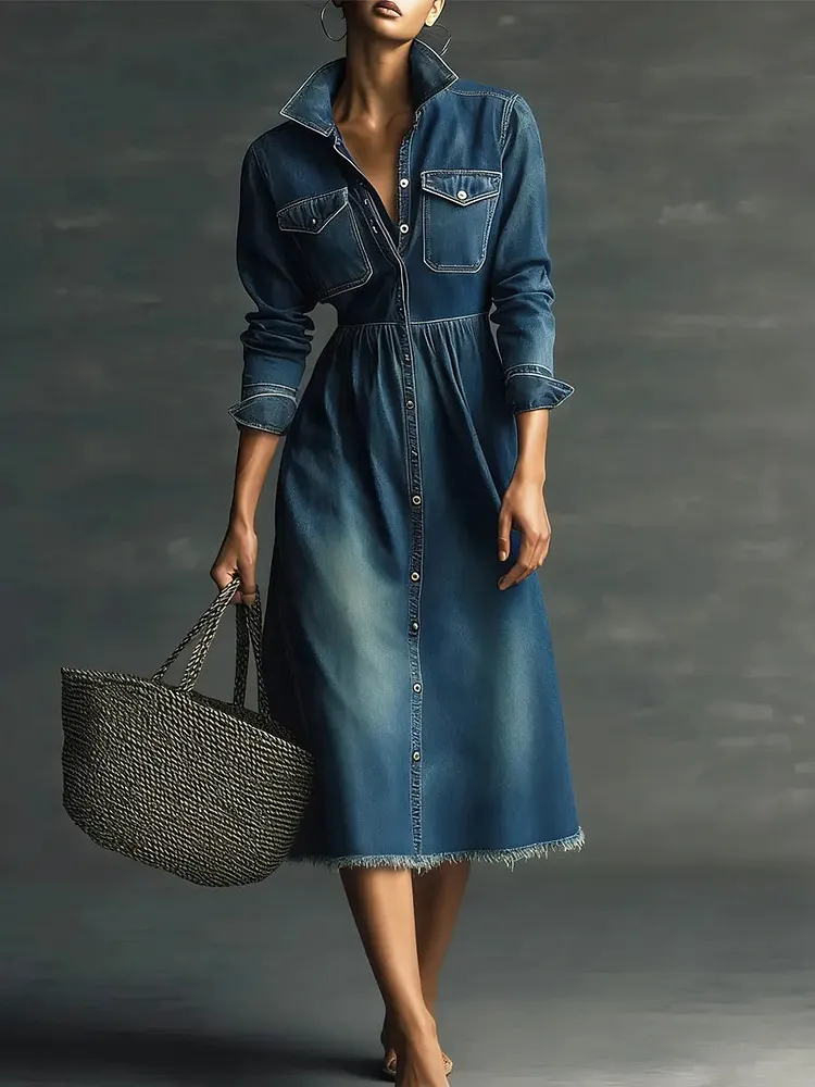 Women's Stylish Art Casual Stand Collar Washed Denim Dress