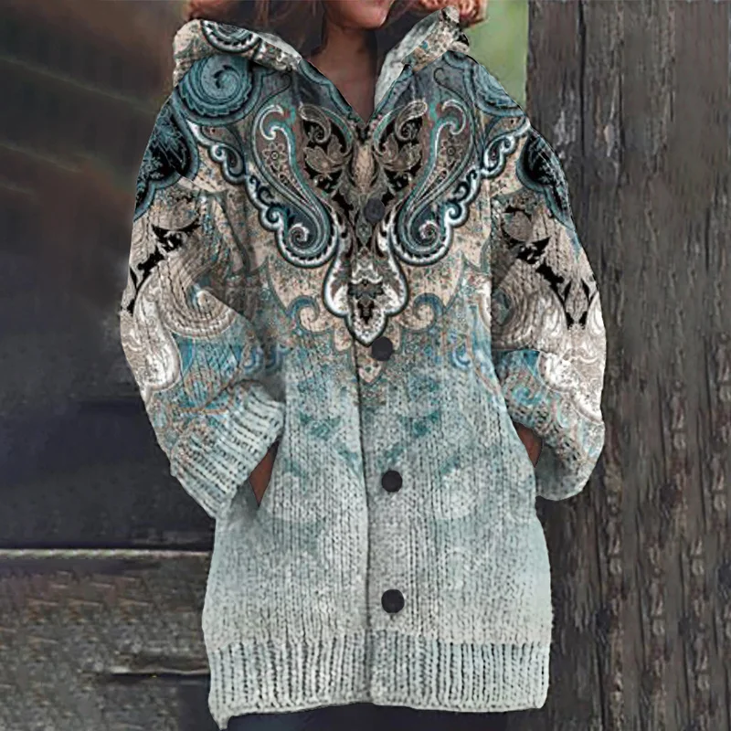 Women's Paisley Print Casual Hooded Sweater Cardigan