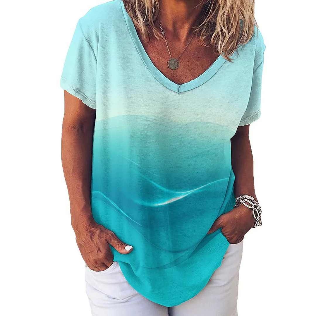 V-neck Short Sleeve Casual T-shirt for  Women Printed with Pattern Geometry, Green, Turquoise
