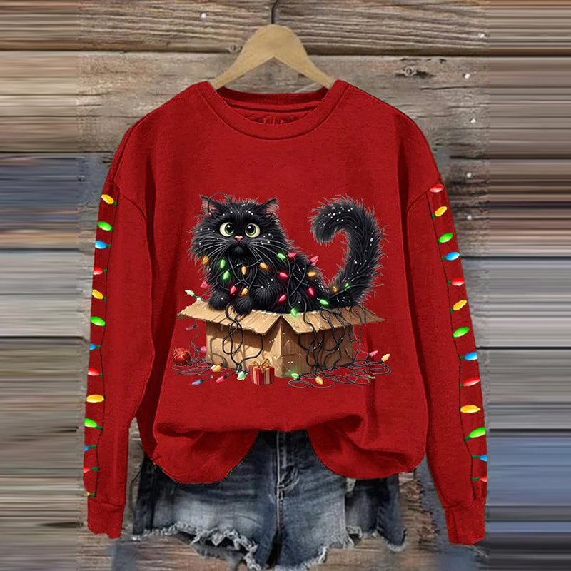 Women's Christmas Cat Print Crew Neck Casual Sweatshirt wearshes