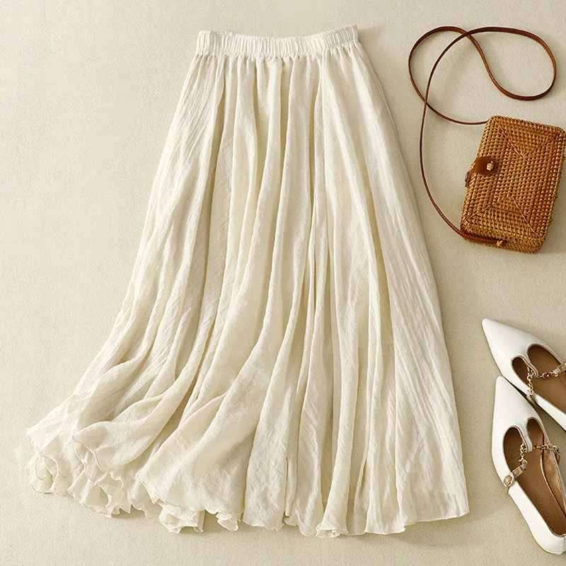 Artistic pleated cotton and linen twill skirt