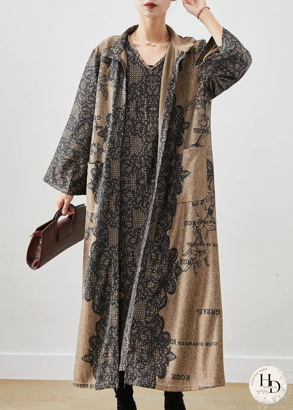 Vintage Khaki Oversized Print Cotton Two Piece Set Winter