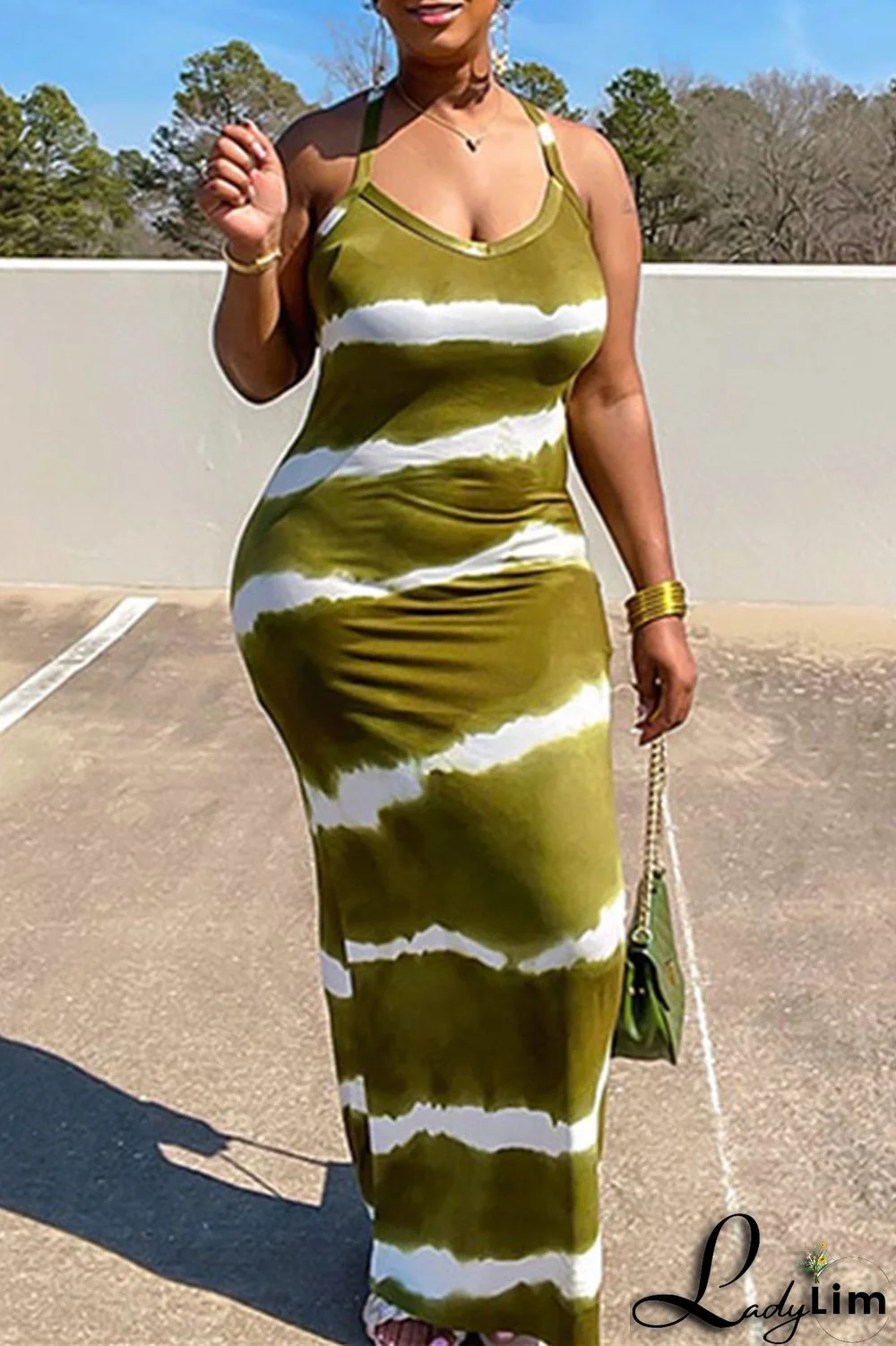 Green Fashion Print Backless Spaghetti Strap Long Dress