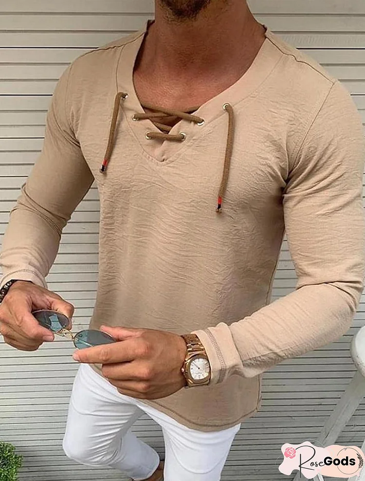 Men's Shirt Solid Colored Drawstring Long Sleeve Casual Tops Casual Fashion Breathable Comfortable White Black Khaki