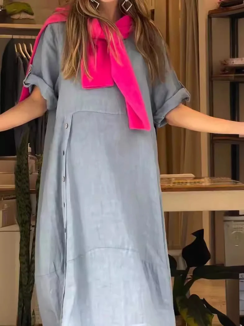 Nigikala Nigikala 2025 Women's Summer Style Relaxed Casual Solid-Sleeved Cotton Dress