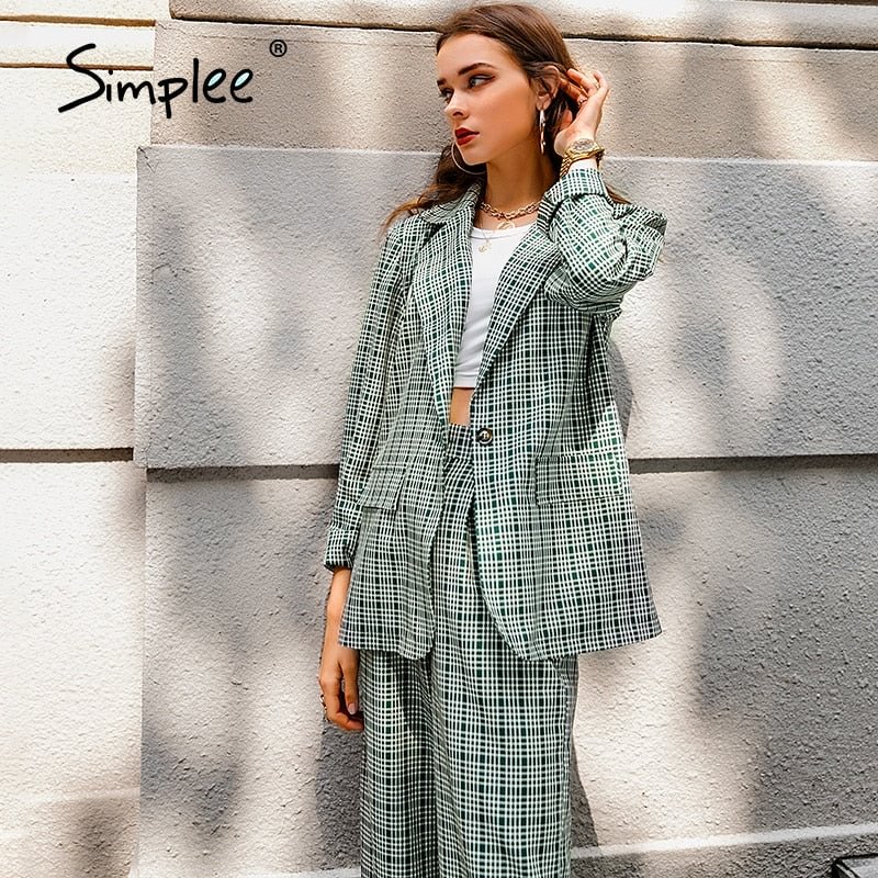 Simplee Elegant plaid two-pieces women blazer suit Casual streetwear suits female blazer set Chic office ladies women coat suit
