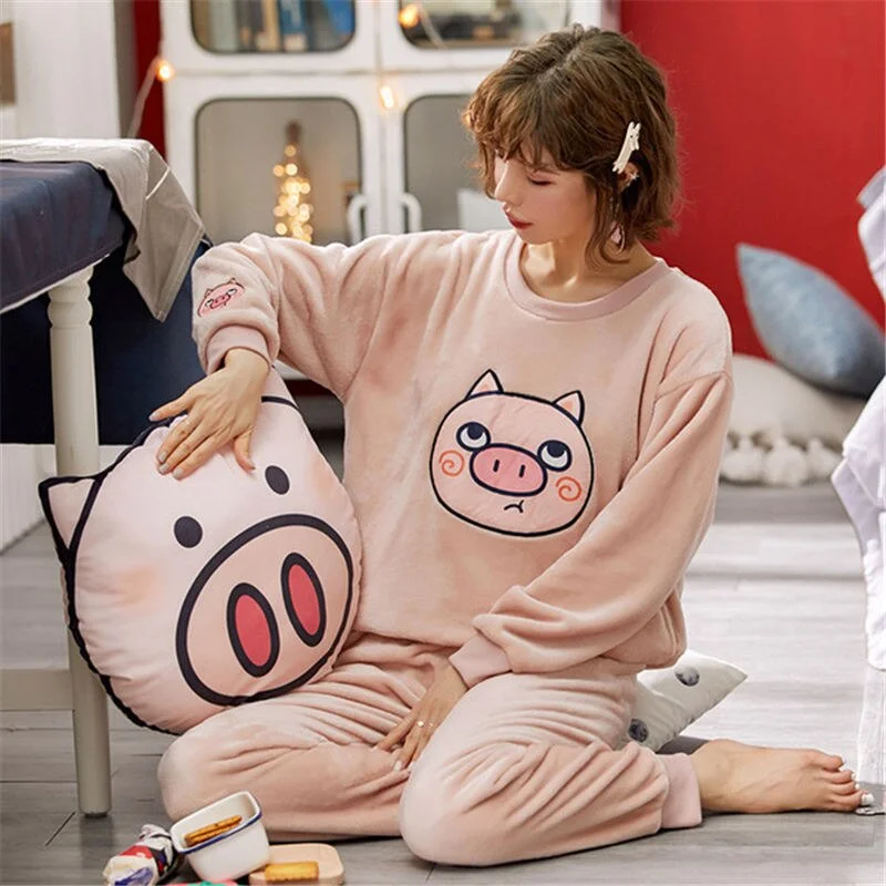 Pajamas Set Flannel Warm Homewear Women Winter Sleepwear  Plush Pyjamas Girls Cartoon Nightgown Pijamas Mujer Home Suits Pjs