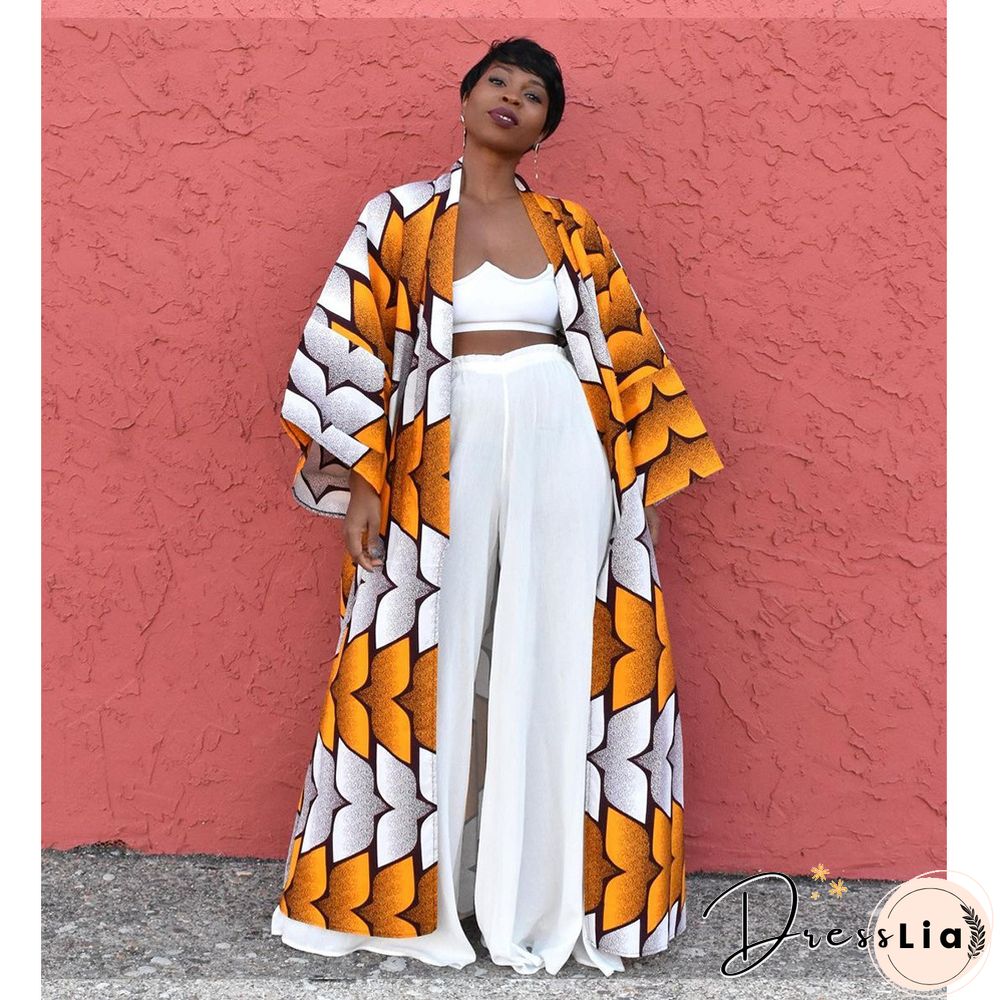 Printed Long Sleeve Open Front Long Cardigan Tops