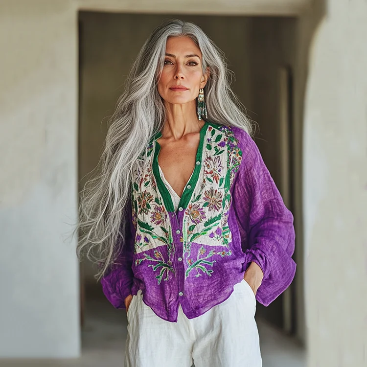 Bohemian Linen Floral Art Print Long Sleeve Loose  Shirt