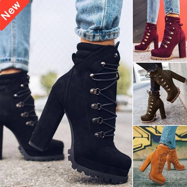 Women Fashion Ankle Boots Suede Short Boots Lace Up High Heel Boots Platform Boots Plus Size 35-43 - Shop Trendy Women's Clothing | LoverChic