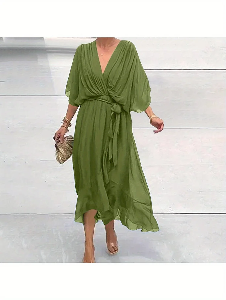 Plus Size, Plus Size Women's Elegant Flowing V-Neck Chiffon Dress With Batwing Sleeves & Adjustable Waist Tie - Lightweight Summer Wedding Guest & Party Dress, Machine Washable, Formal Occasion, Graceful Silhouette, Flowing Material, Formal Wear