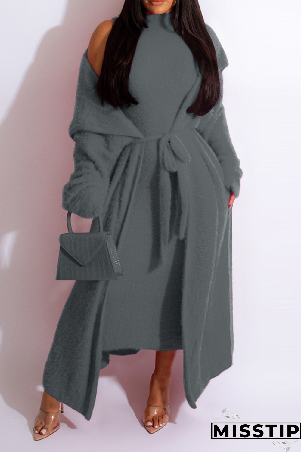 Dark Gray Casual Solid Patchwork Half A Turtleneck Long Sleeve Two Pieces