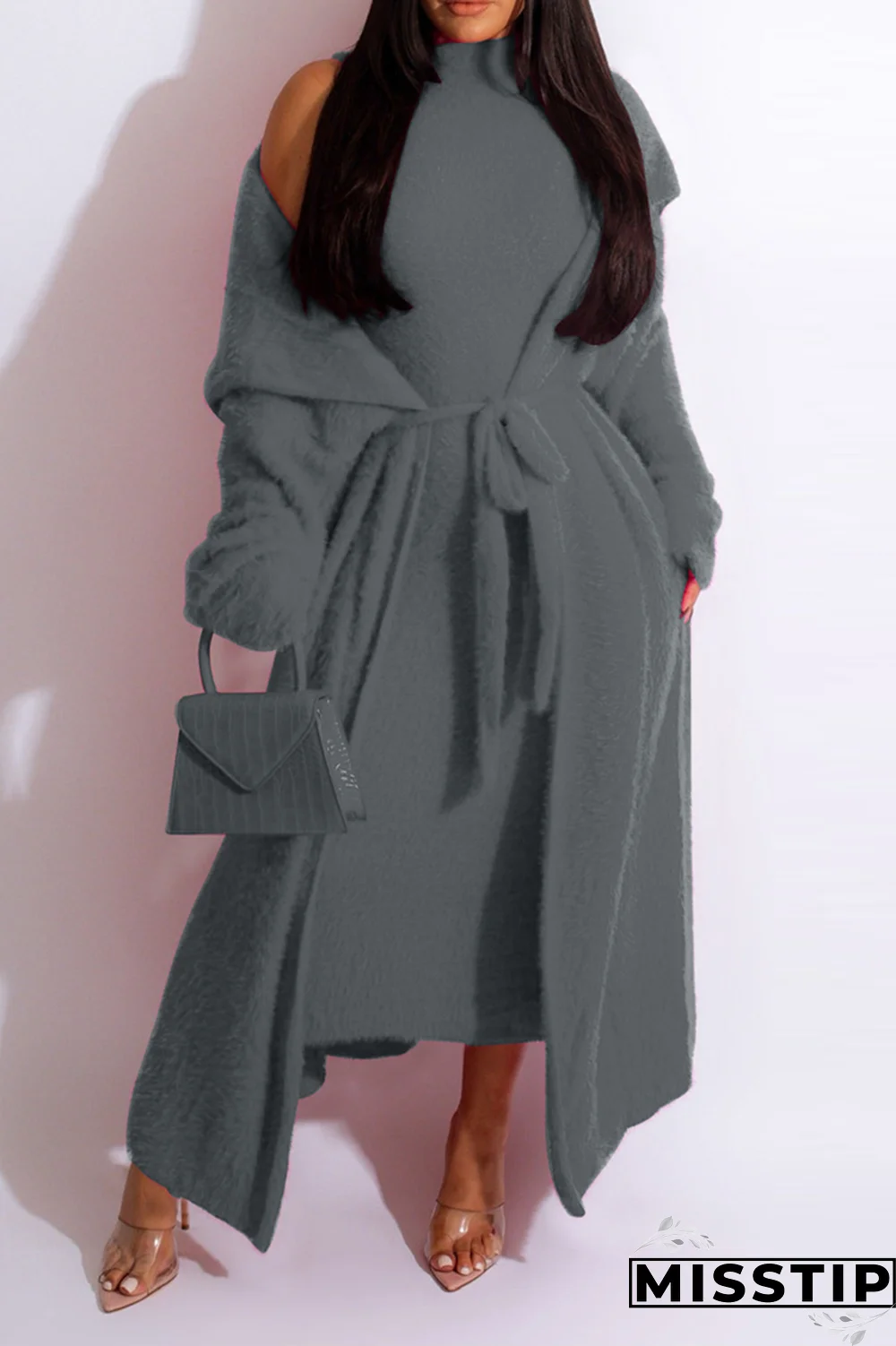 Dark Gray Casual Solid Patchwork Half A Turtleneck Long Sleeve Two Pieces