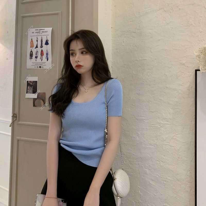 Fongt Summer New Korean Style Square Neck Ice Silk T-shirt Versatile Short Sleeve T-shirt Temperament Slim Solid Color Top