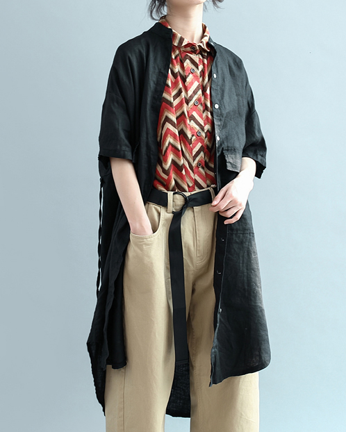 Stand Up Collar Long Sleeve Solid Color Asymmetric Hem Linen Loose Shirt