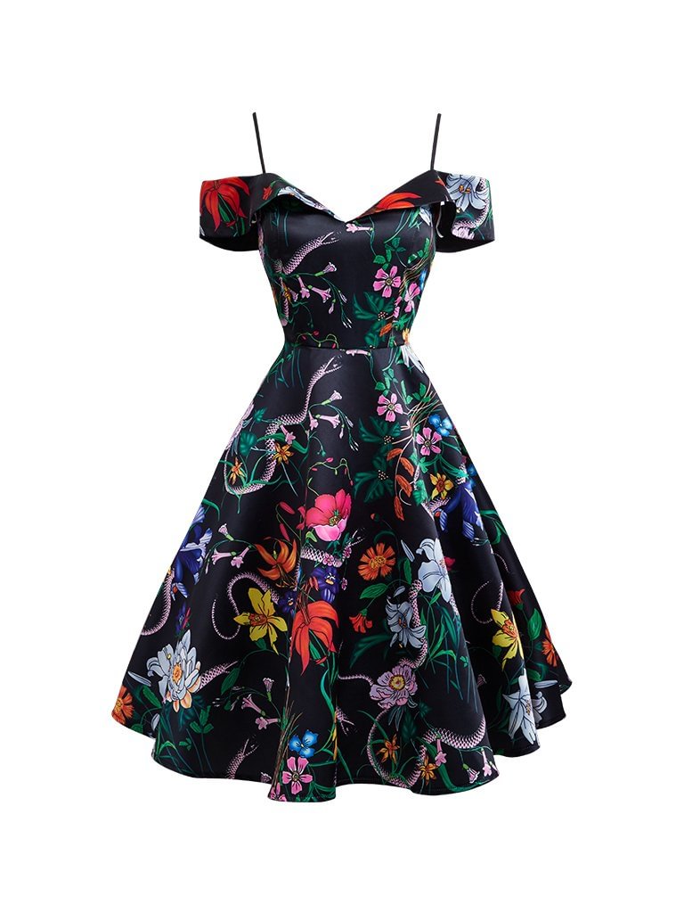 Vintage Dress Plant Print  Ruffled Sleeves Spaghatti Straps Dress