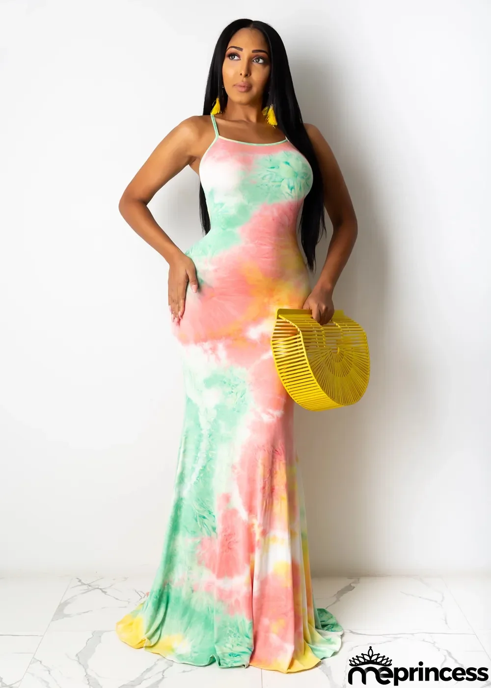 Sexy Tie Dye Cross Strap Backless Long Naxi Dress