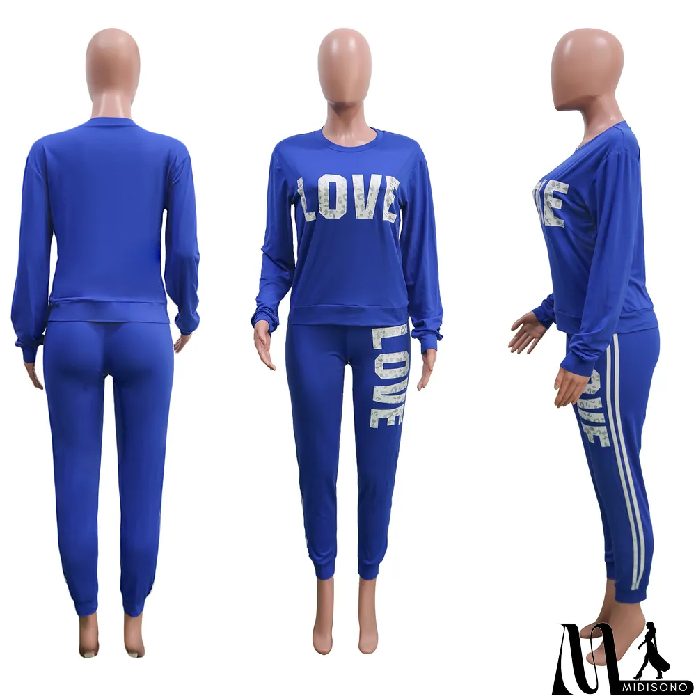 MidiSono - Plus Size Letter Print Long Sleeve 2 Piece Sets