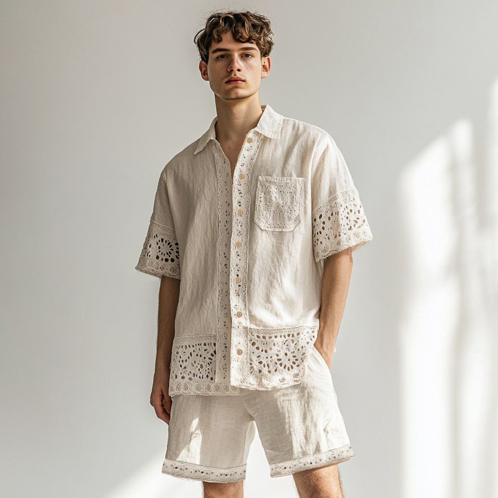 Men's Lace Embroidery Art Fashion Pocket Shirt And Shorts Co-ord Set