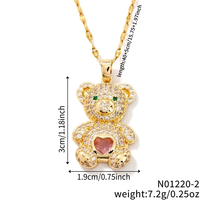 304 Stainless Steel Copper Rhodium Plated Inlay Bear Heart Shape Glass Zircon Pendant Necklace