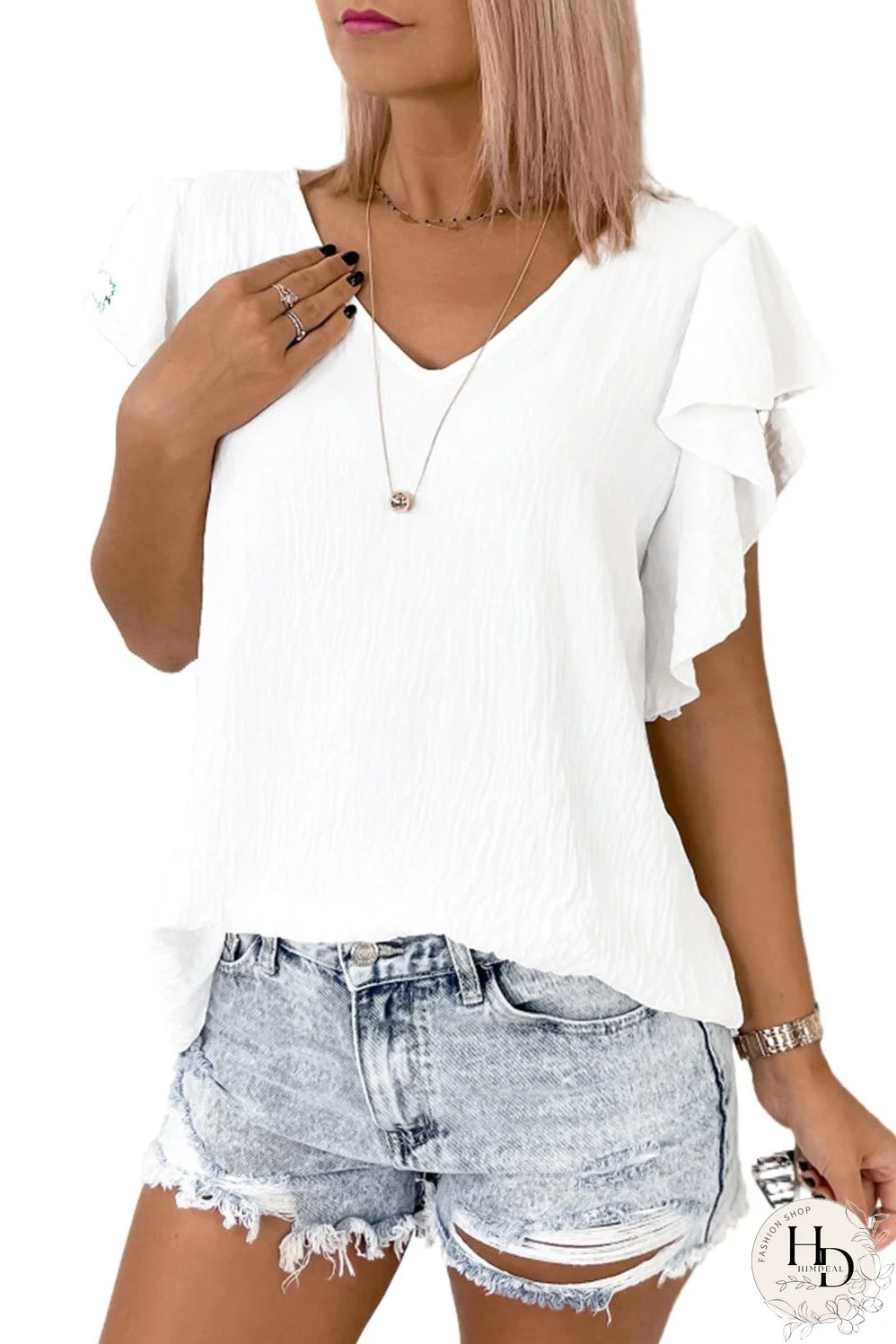 Elegant White V-Neck Ruffle Sleeve Blouse