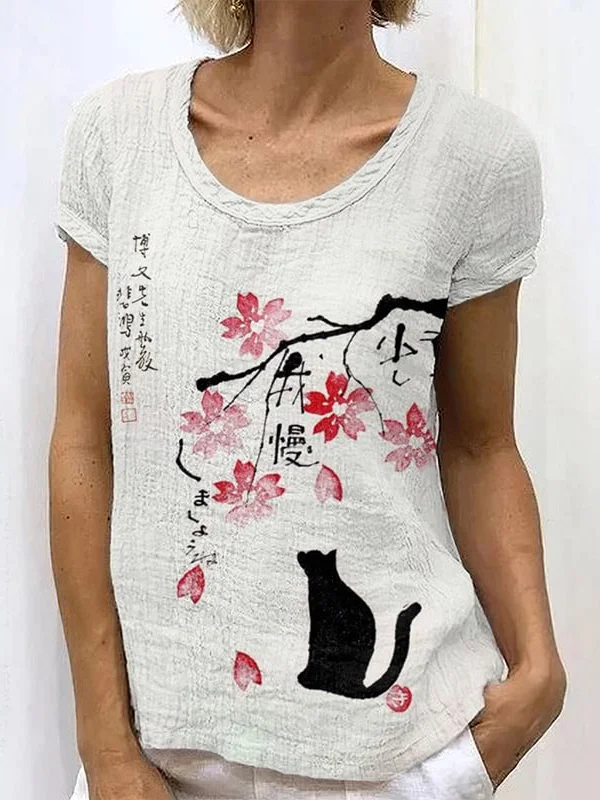 Women's Japanese Retro Ink Floral Cat Art Painting Print Casual T-Shirt