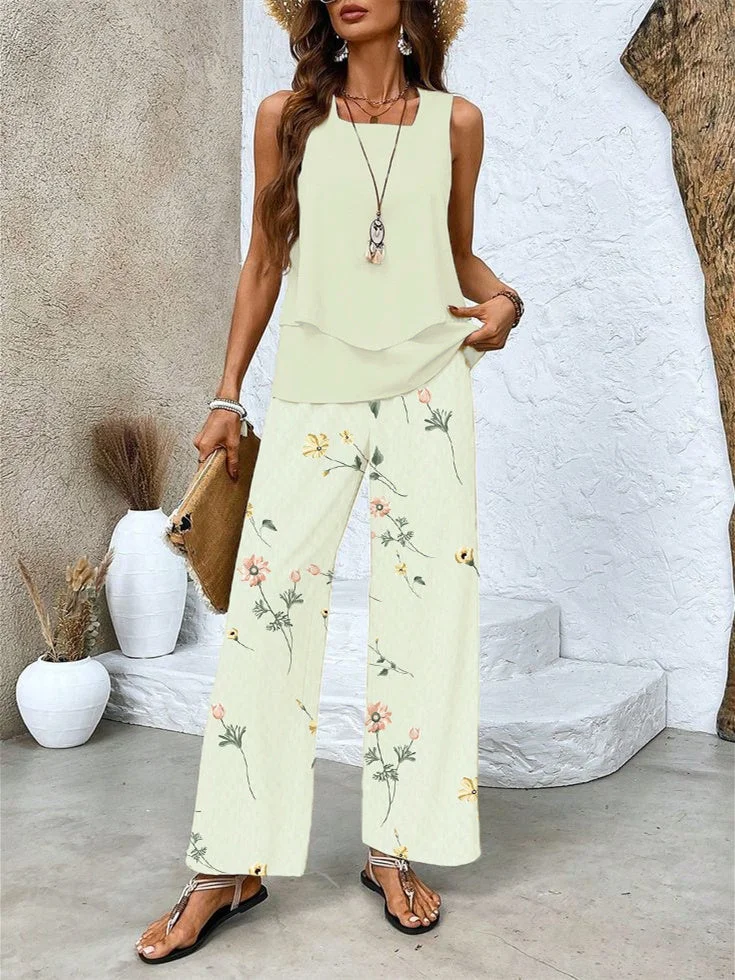 Women's Sleeveless Square Collar Graphic Printed Casual Set