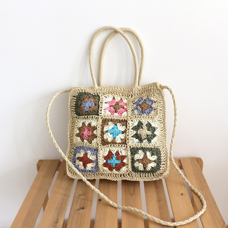 Llyge Bohemian Style Handmade Straw Bag Designer Multicolor Flowers Splicing Braided Crochet Shoulder Bag Summer Beach Floral Tote llyge