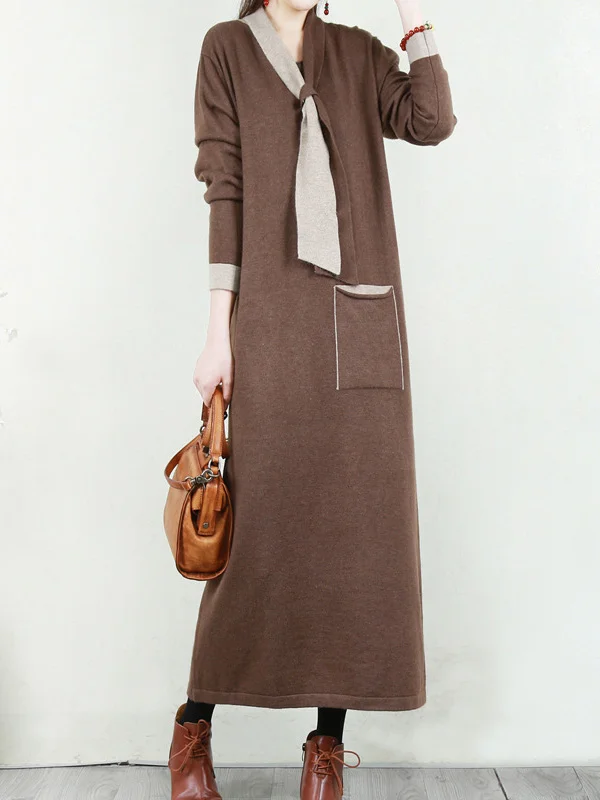 Vintage Contrast Color A-Line Long Sleeves Sweater Dress